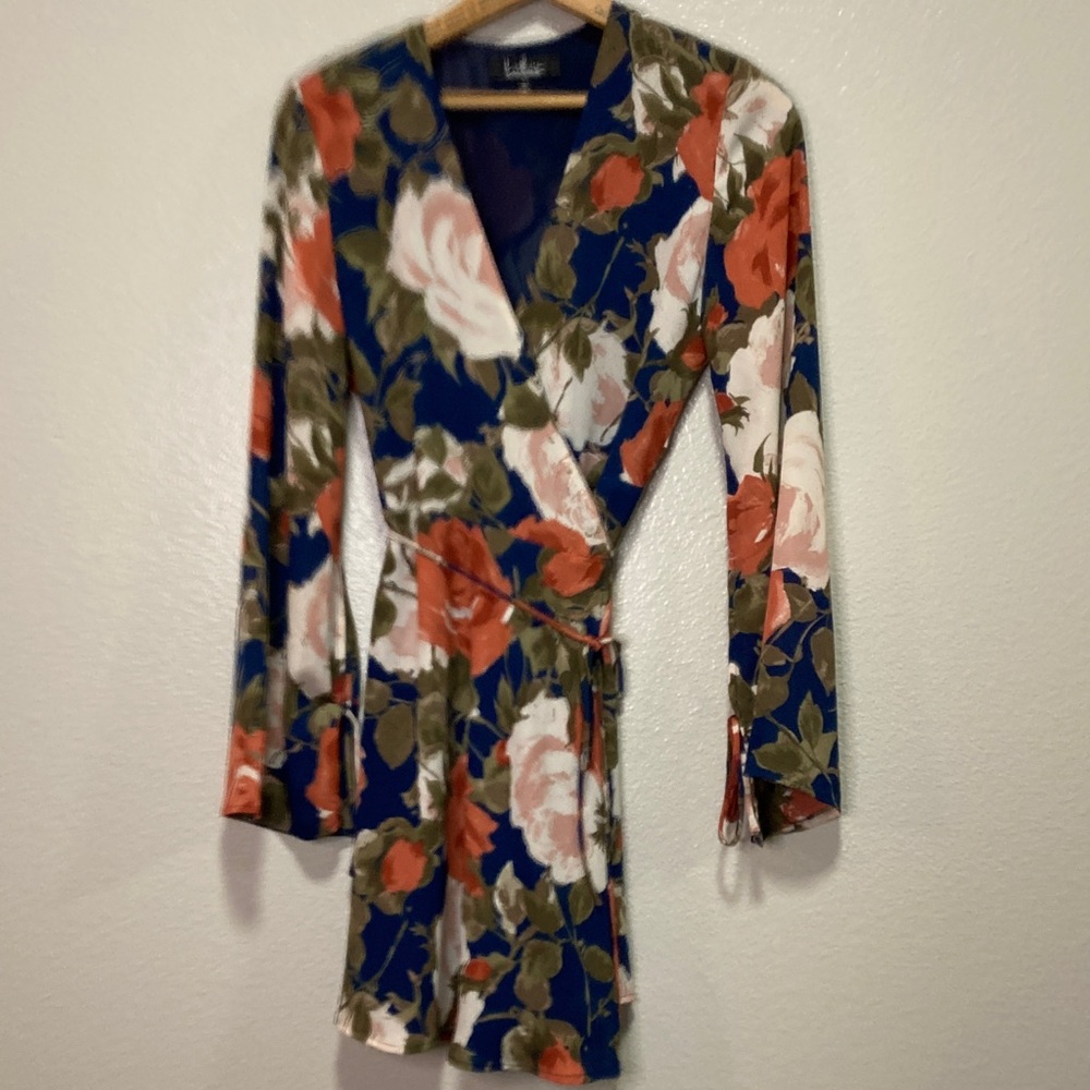 Lulu's Navy Floral Wrap Mini Dress with Coral Roses - Picture 4 of 11